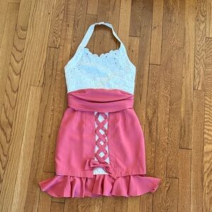 Reconstructed Vintage White Eyelet Halter dress with Pink Corset Skirt. Size 2